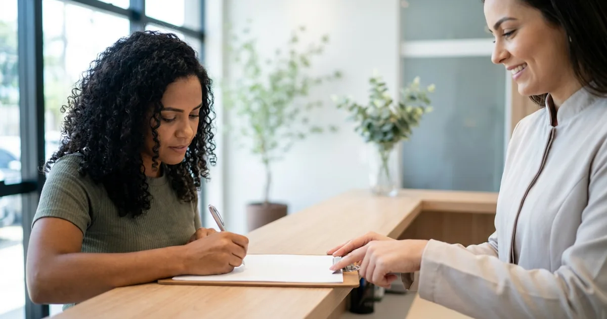 Paciente assinando termo de consentimento na recepção de clínica médica, com atendente explicando o documento