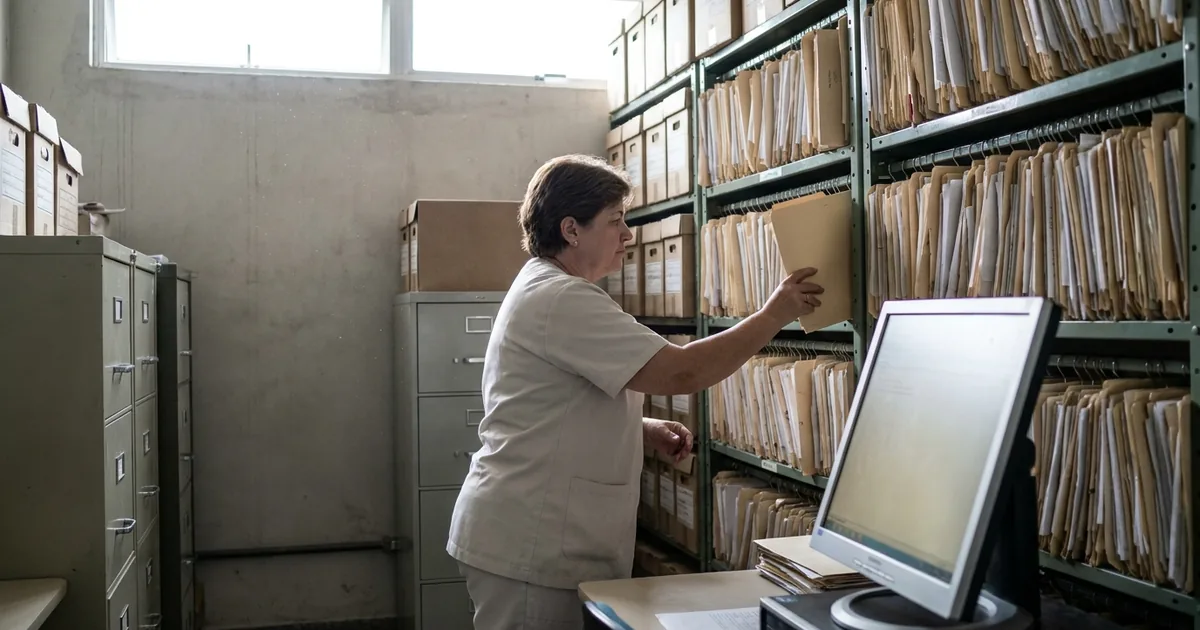 Arquivo de prontuários de pacientes em clínica médica ao lado de servidor de armazenamento digital, ilustrando o prazo legal de guarda