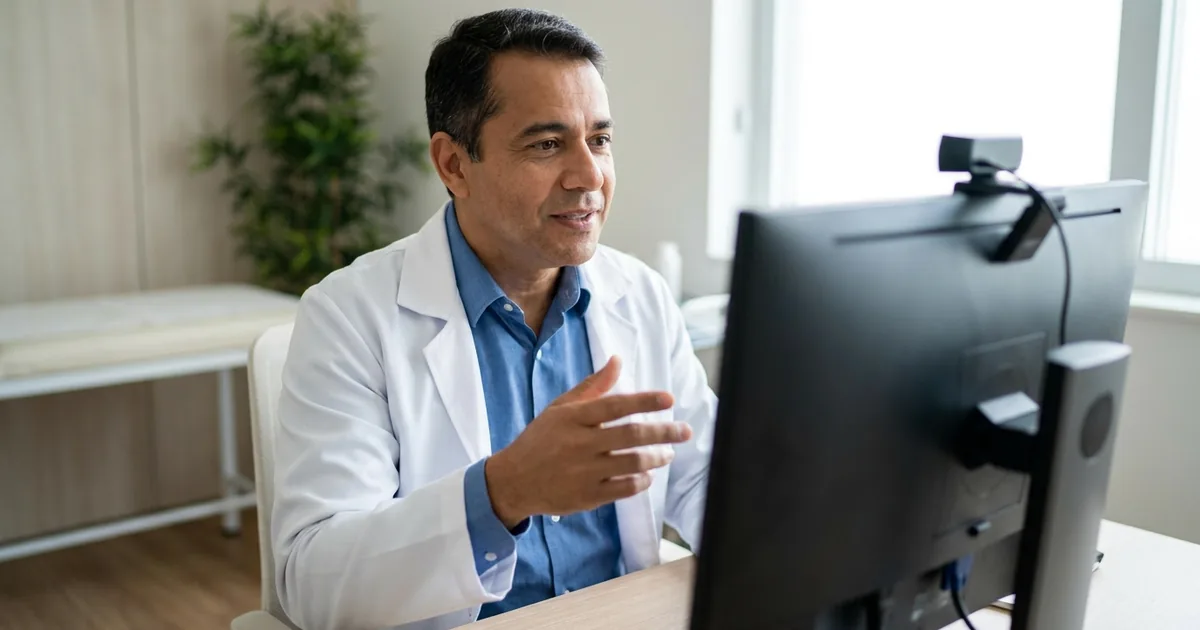 Médico em consultório atendendo paciente por videochamada, ilustrando a tributação da telemedicina para médico PJ