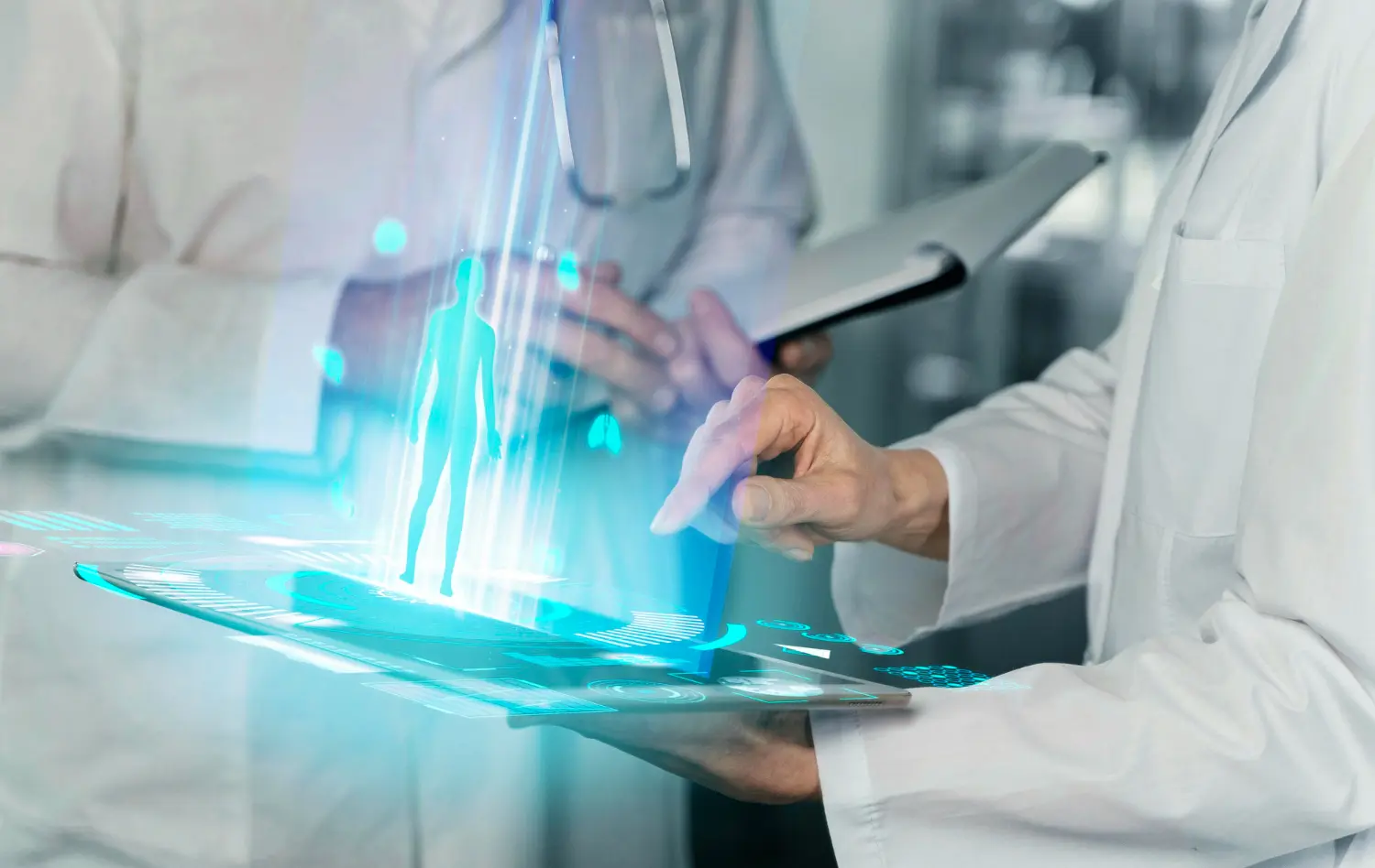 Médico ou dentista analisando documentos para abrir CNPJ em 2026, com gráficos de tributação ao fundo.