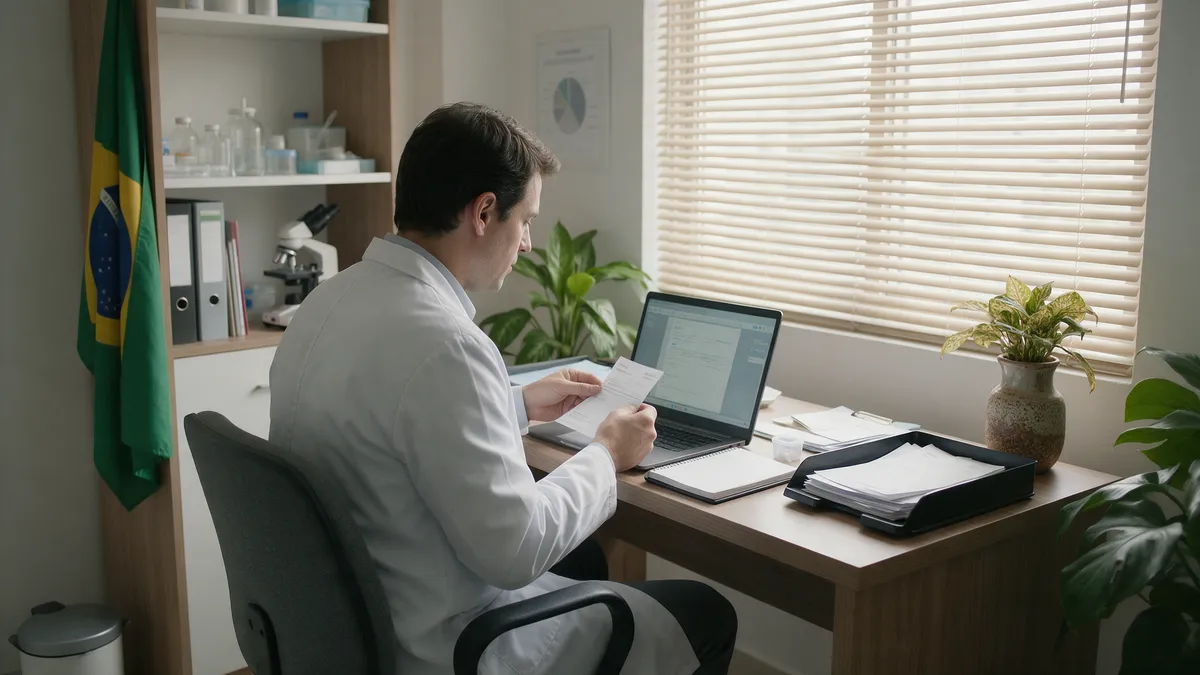 Médico em consultório conferindo os recibos de atendimento particular no computador