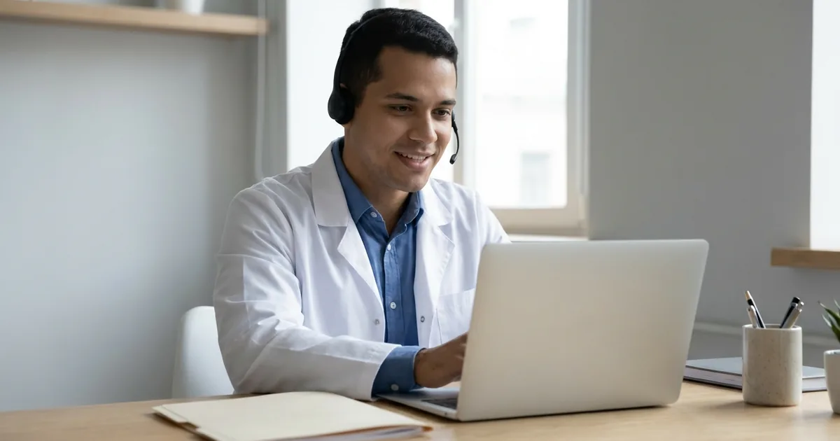Médica em consultório atendendo paciente por videochamada, ilustrando a definição do CNAE para telemedicina no CNPJ
