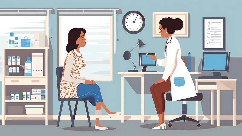 Endocrinologista analisando exames em consultório, com laptop e documentos fiscais, simbolizando a gestão de CNPJ.