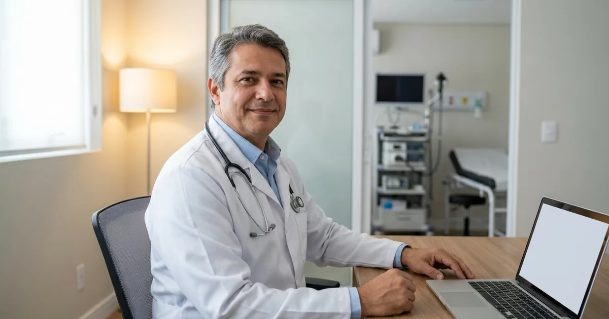 Gastroenterologista em centro de endoscopia revisando documentos de abertura da pessoa jurídica