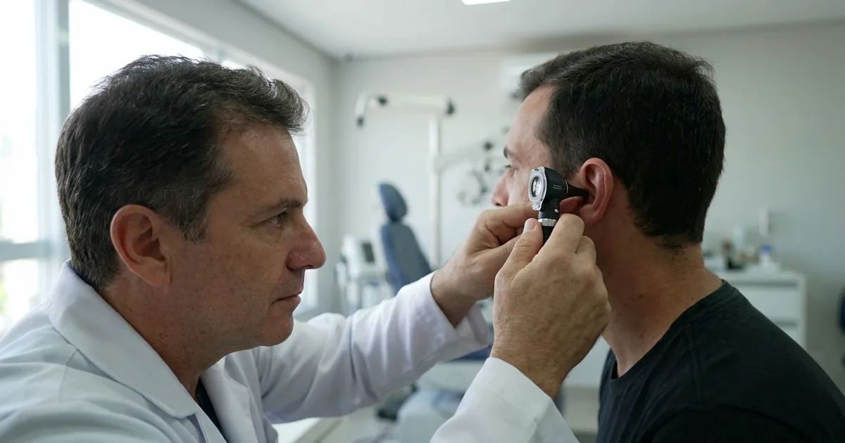 Otorrinolaringologista em consultório equipado para exame, organizando a documentação da pessoa jurídica
