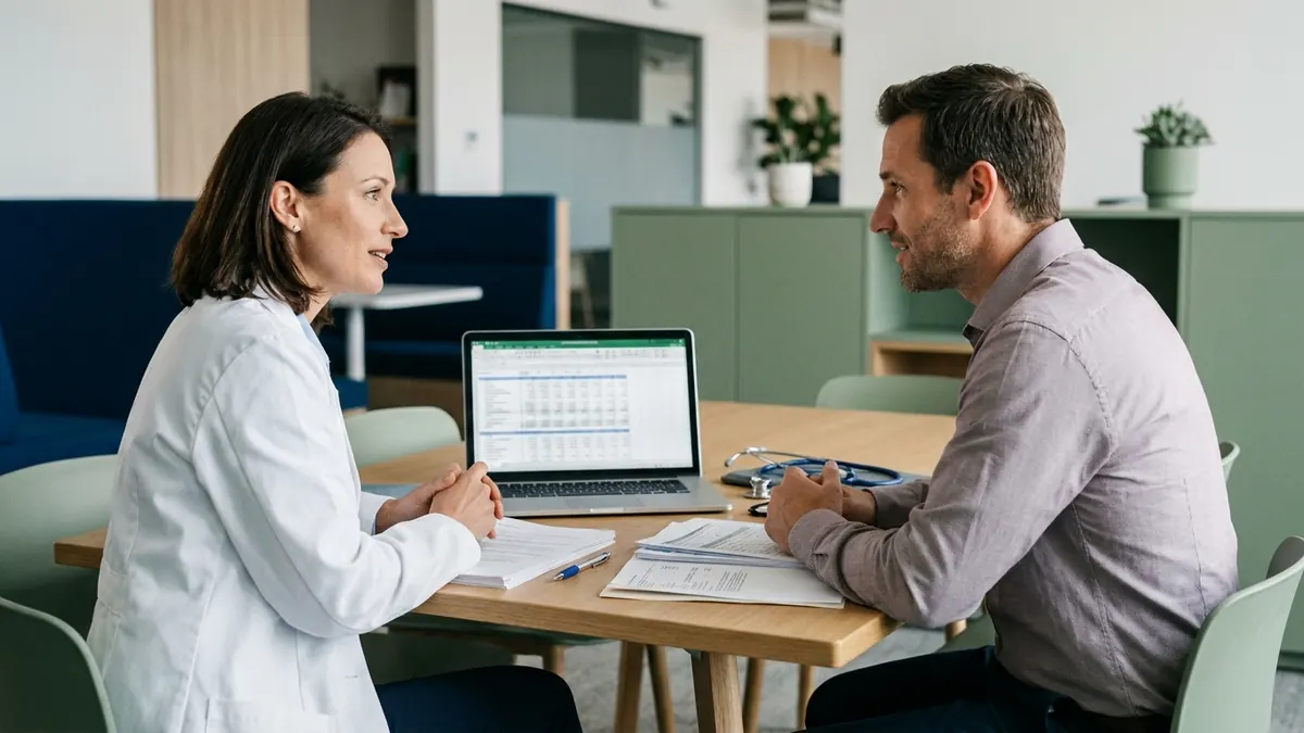Médica de jaleco e contador conversando à mesa de reunião sobre planilha da PJ médica