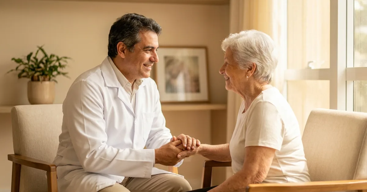Geriatra PJ revisando a agenda de acompanhamento de pacientes idosos ao lado de relatórios contábeis