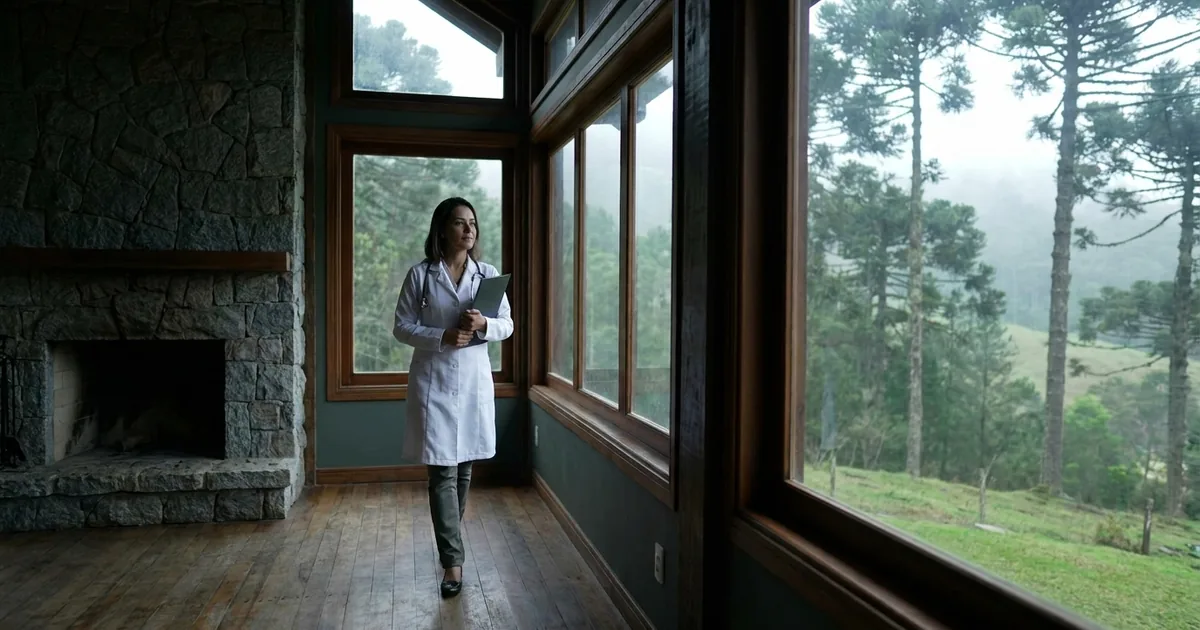Médica em consultório de Campos do Jordão analisando o fluxo de caixa da clínica ao lado de relatórios contábeis