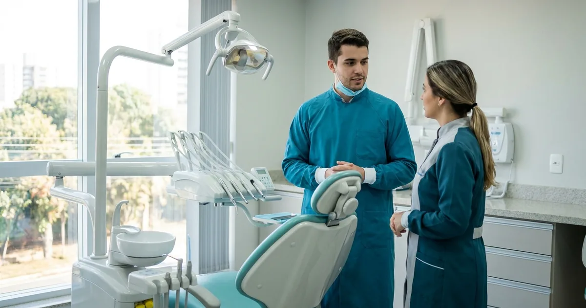 Dentista em consultório odontológico de Taubaté revisando relatórios contábeis da clínica