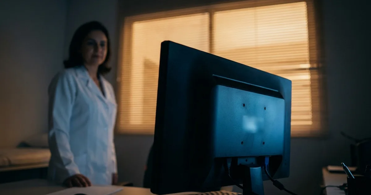 Médico consultando prontuário eletrônico em tela de computador na clínica, ilustrando o tratamento de dado sensível de saúde