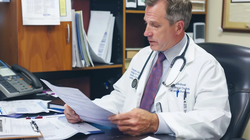 Médico PJ emitindo DARF em computador, com calculadora e documentos fiscais, simbolizando a gestão tributária eficiente.