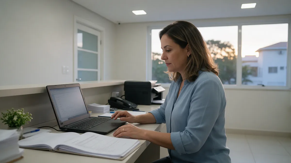 Gestora de clínica médica conferindo a folha de pagamento da equipe no computador da recepção