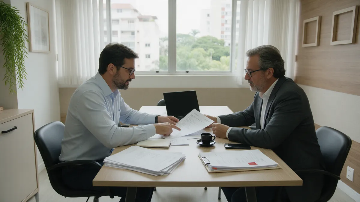 Dois sócios de clínica conversando sobre documentos na sala de reunião