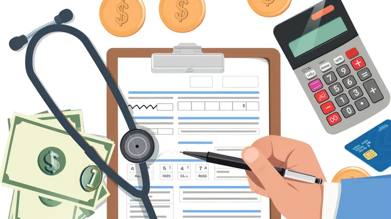 Médico PJ analisando documentos fiscais com calculadora e computador, simbolizando a gestão de despesas dedutíveis.