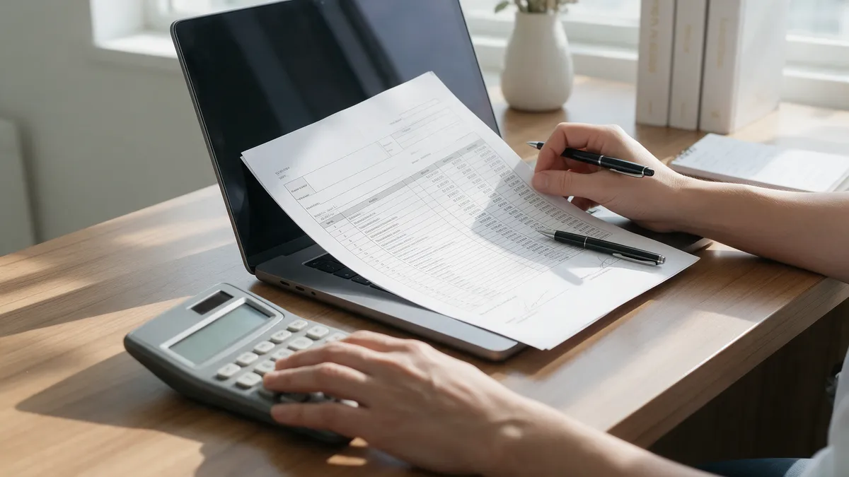 Mesa de escritório de clínica com calculadora e planilha da folha de pagamento sendo conferida