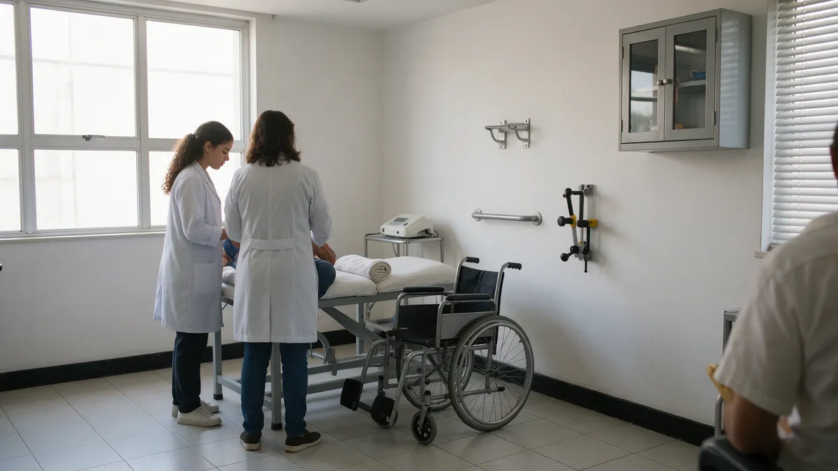 Estudante de fisioterapia em estágio acompanhando a profissional supervisora em clínica