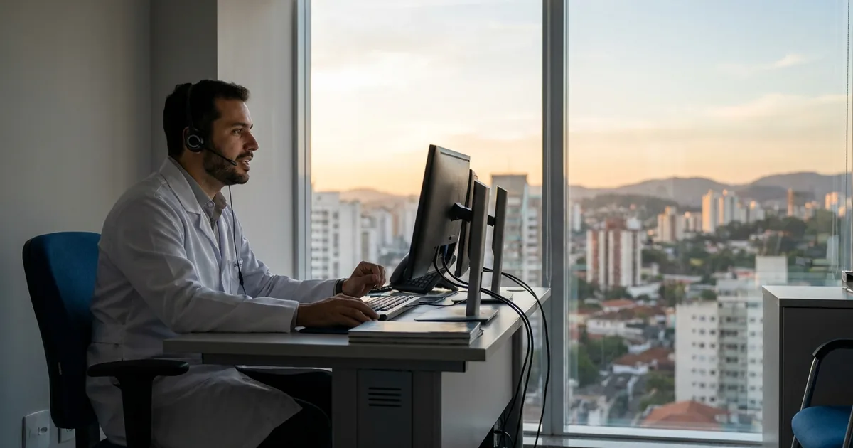 Médico em consultório realizando teleconsulta por computador, ilustrando a dúvida sobre ISS na telemedicina