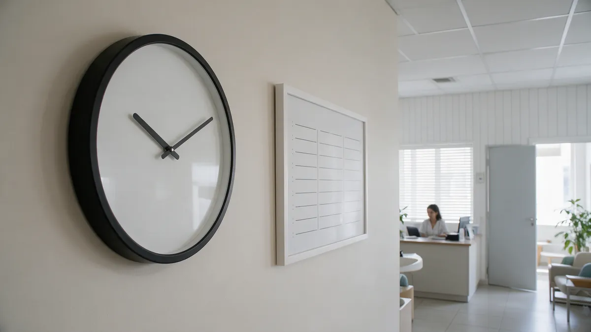 Relógio e quadro de escala de horários na parede de uma clínica, com a recepção ao fundo