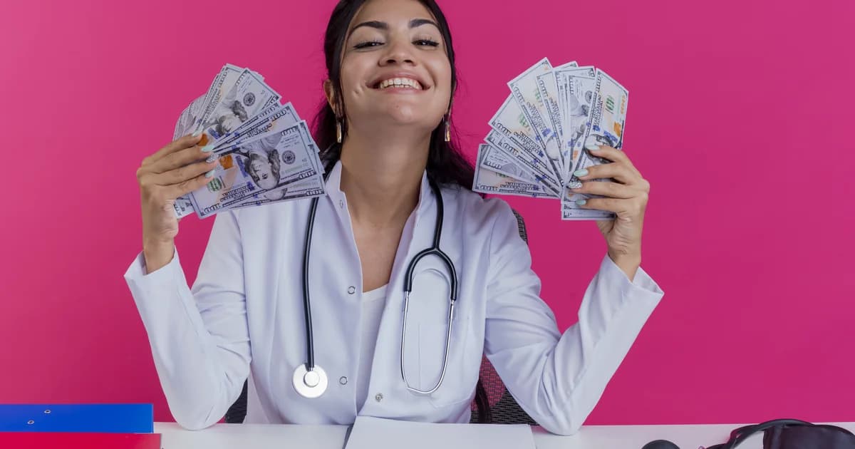 Médica sorrindo com jaleco branco e estetoscópio · Pró-labore Médico Ideal 2026 PleniHub